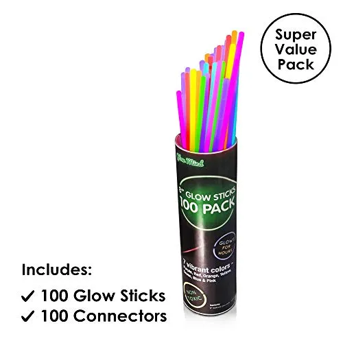 100 Glow Sticks in The Dark Fun Party Pack with 8" Glowsticks and Connectors for Bracelets and Necklaces for Kids and Adults