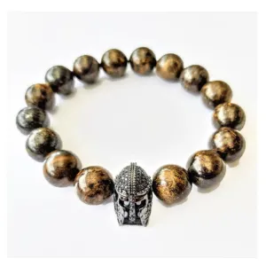 12mm Bronzite Beaded Bracelet with Black IP Plated Pavé Helmet Spacer
