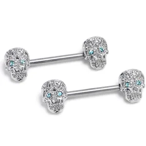 14 Gauge 9/16 316L Steel Skulls Blue Gem with Titanium Barbell Nipple Rings
