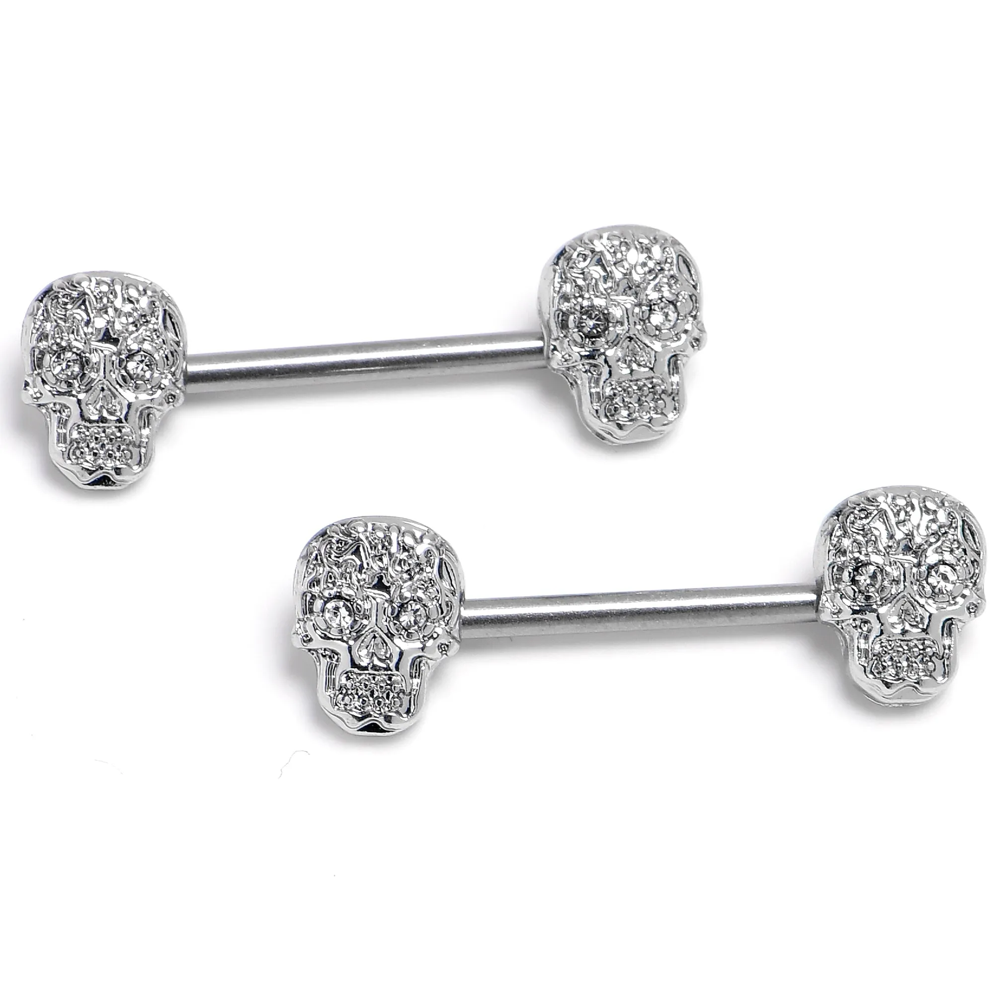 14 Gauge 9/16 316L Steel Skulls Clear Gem with Titanium Barbell Nipple Rings
