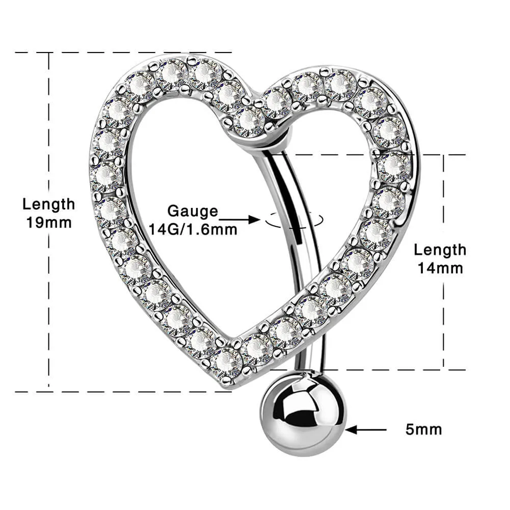 14G 10-16mm Reverse CZ Heart Sparkle Navel Ring