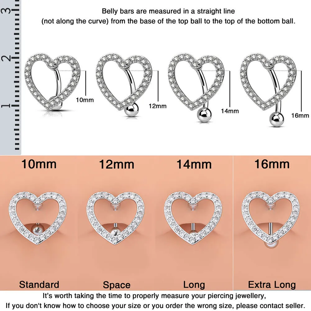 14G 10-16mm Reverse CZ Heart Sparkle Navel Ring