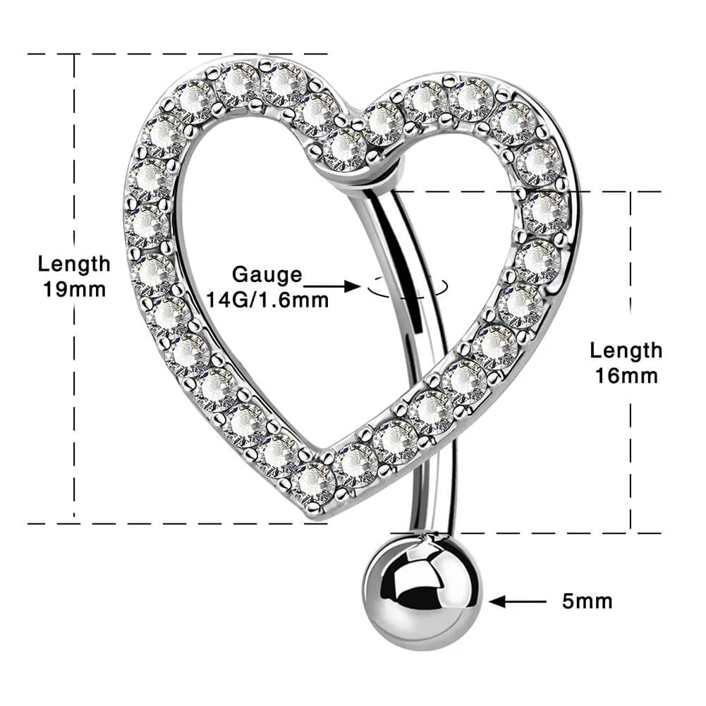 14G 10-16mm Reverse CZ Heart Sparkle Navel Ring
