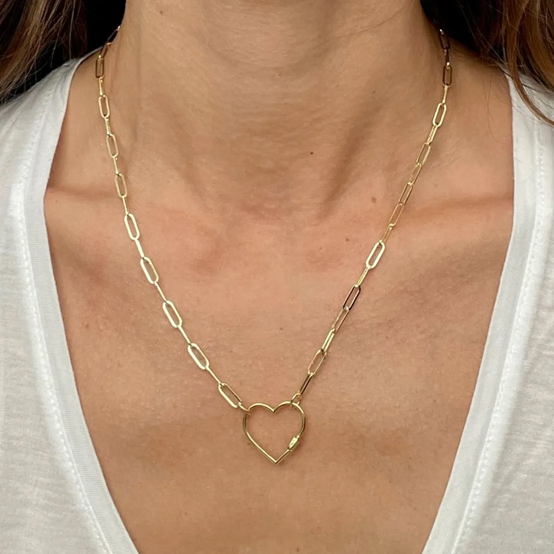 14K Gold Heart Carabiner Paperclip Necklace