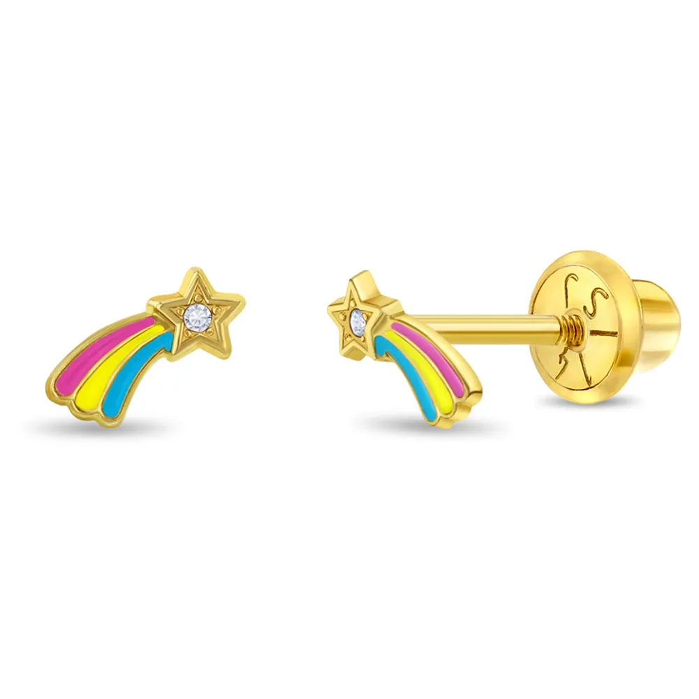 14k Gold Shooting Star Toddler / Kids / Girls Earrings Safety Screw Back Enamel