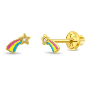 14k Gold Shooting Star Toddler / Kids / Girls Earrings Safety Screw Back Enamel