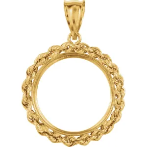 14k Yellow Gold 2.5mm Solid Rope Tab Back Frame Pendant for Mexican 5 Peso Coin