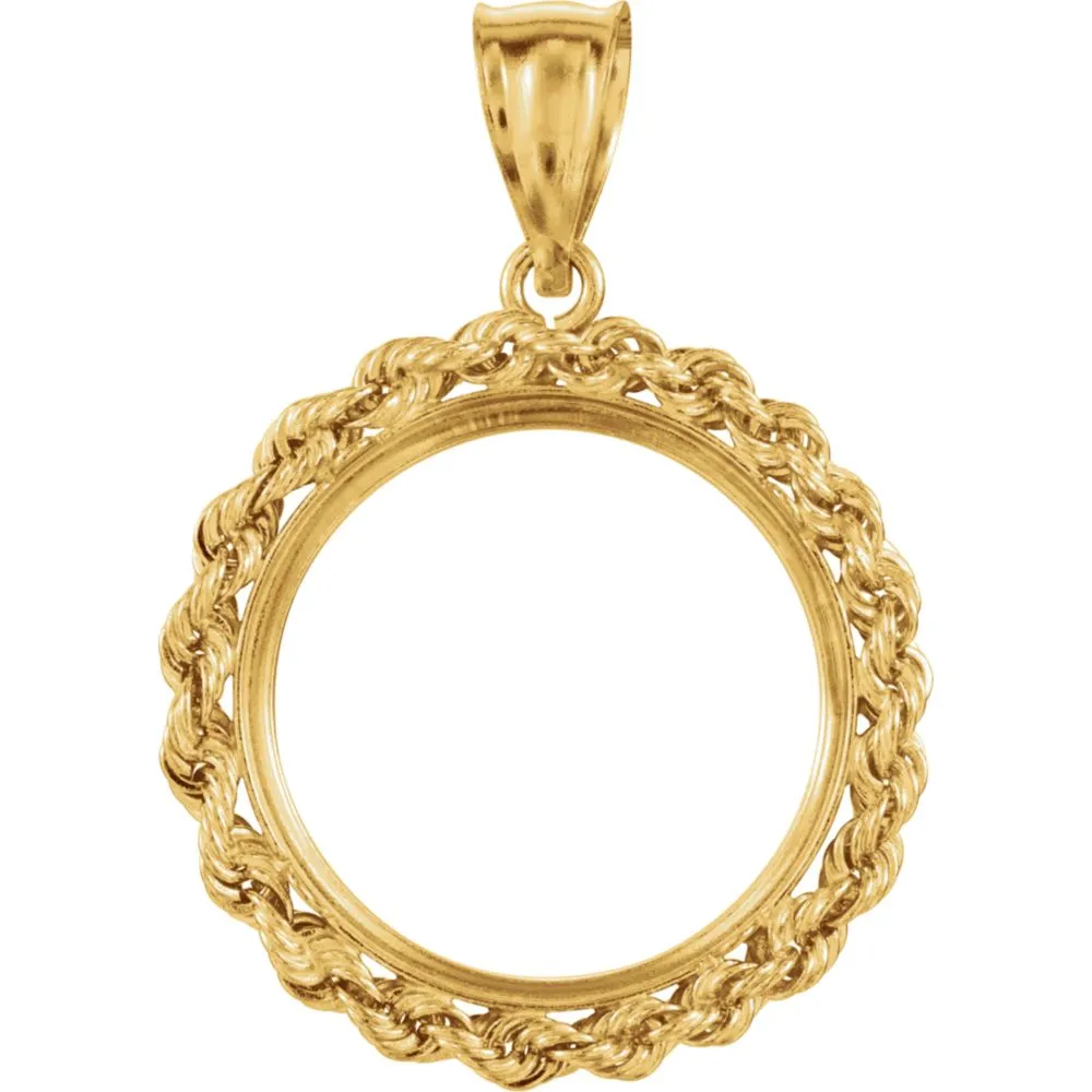 14k Yellow Gold 2.5mm Solid Rope Tab Back Frame Pendant for Mexican 5 Peso Coin