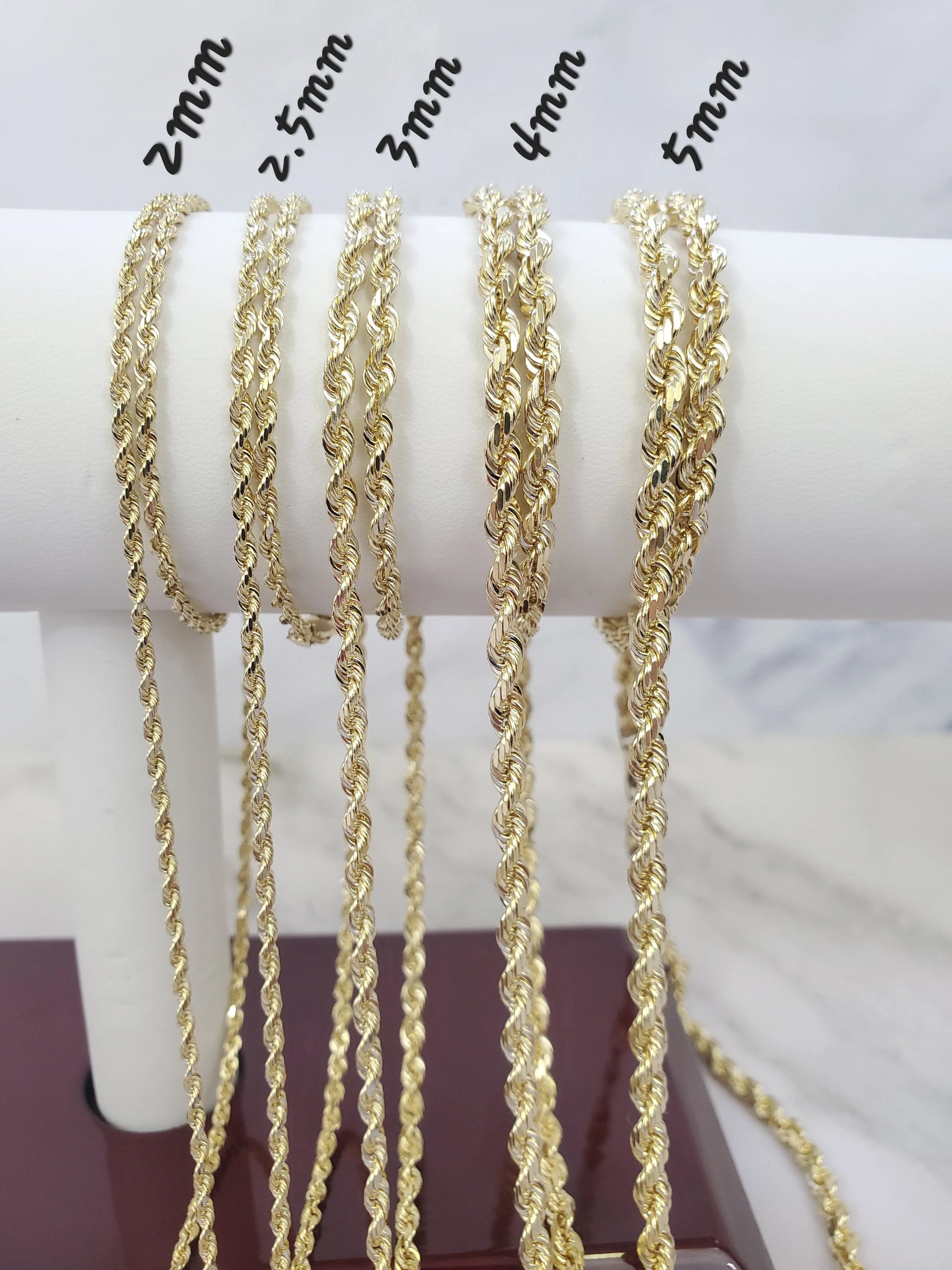14K Yellow Gold Diamond Cut Rope Chain Real Solid 16" to 26" (2.5mm-5mm)
