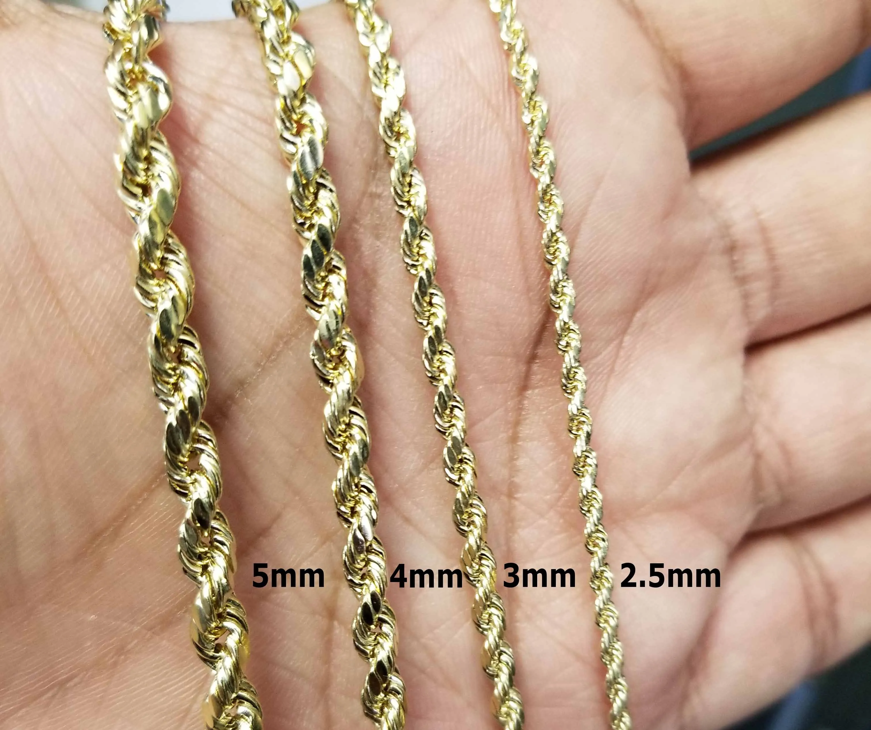 14K Yellow Gold Diamond Cut Rope Chain Real Solid 16" to 26" (2.5mm-5mm)