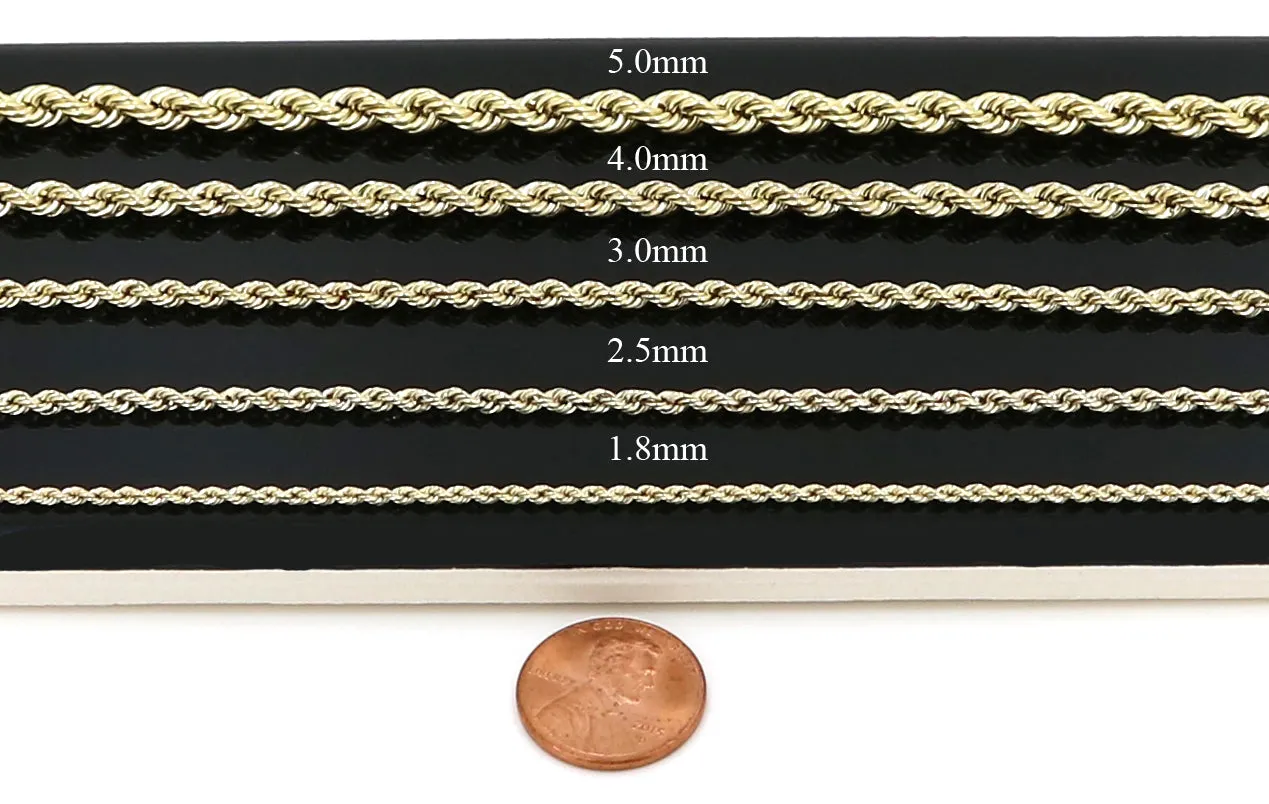 14K Yellow Gold Diamond Cut Rope Chain Real Solid 16" to 26" (2.5mm-5mm)