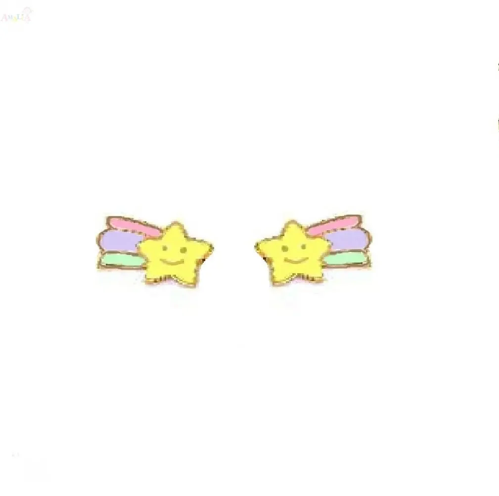 18K Solid Yellow Gold Enamel Shooting Star Earrings