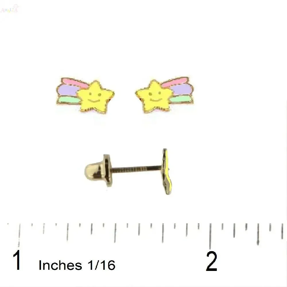 18K Solid Yellow Gold Enamel Shooting Star Earrings