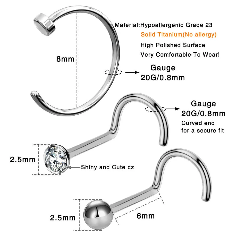 20G 3PCS Titanium Nose Ring/ Screw Stud Pack