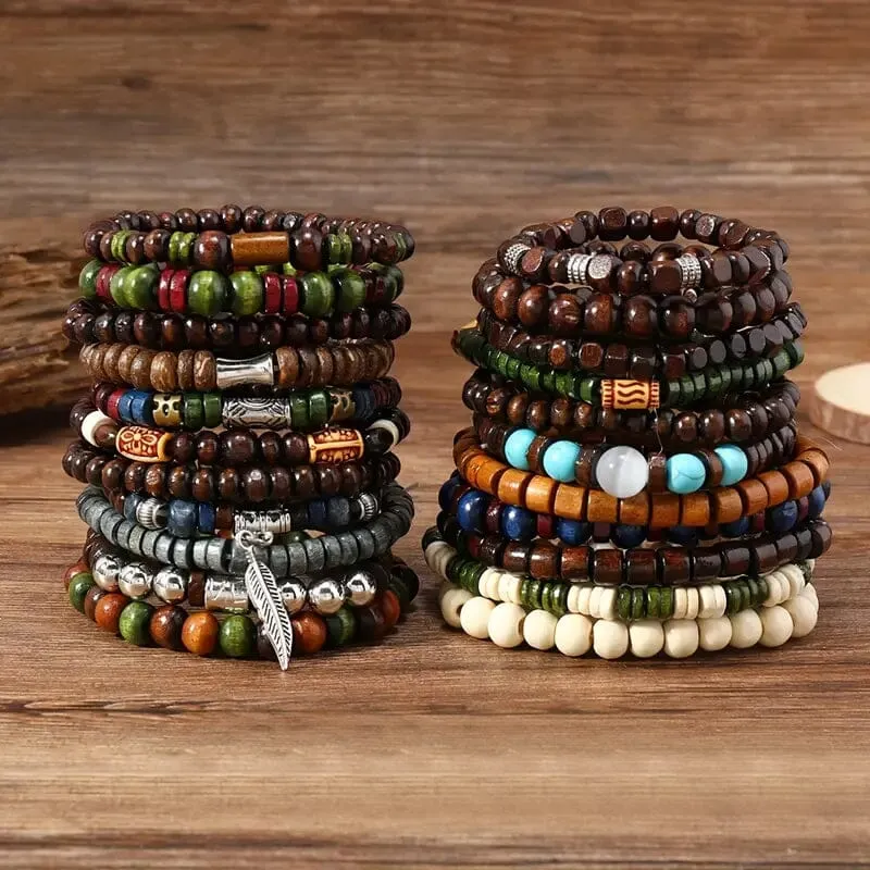 22-Pieces: Bohemian Vintage Wooden Beads Bracelet Set