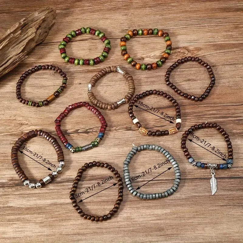 22-Pieces: Bohemian Vintage Wooden Beads Bracelet Set