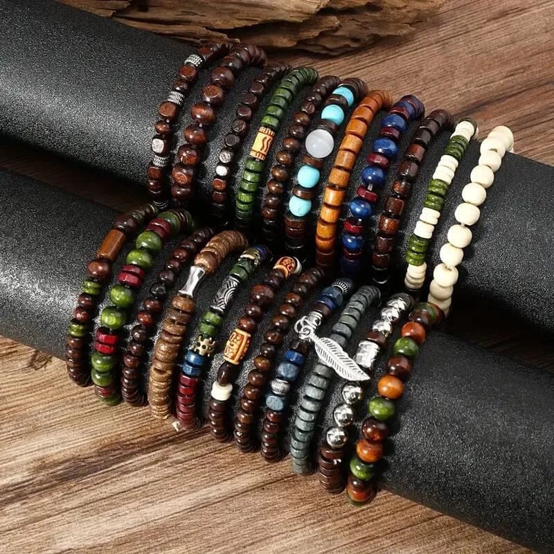 22-Pieces: Bohemian Vintage Wooden Beads Bracelet Set