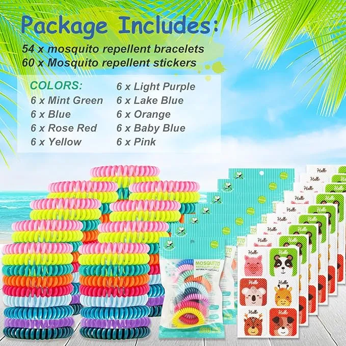 54 Pack Mosquito Repellent Bracelets, DEET-Free Insect & Bug Repellent Wrist Bands with 60 Pack Smile Mosquito Patches for Kids & Adults Outdoor Camping Fishing Traveling