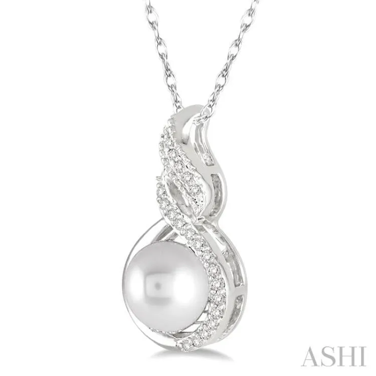7 MM Round Shape Cultured Pearl and 1/20 ctw Round Cut Diamond Twisted Accented Pendant in 10K White Gold with chain