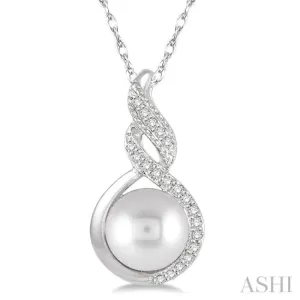 7 MM Round Shape Cultured Pearl and 1/20 ctw Round Cut Diamond Twisted Accented Pendant in 10K White Gold with chain