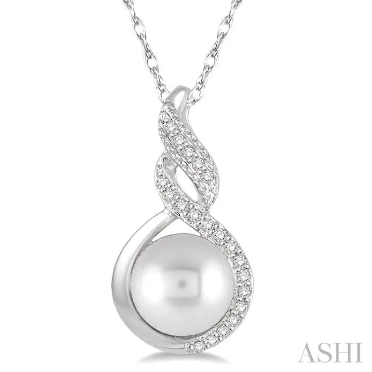 7 MM Round Shape Cultured Pearl and 1/20 ctw Round Cut Diamond Twisted Accented Pendant in 10K White Gold with chain