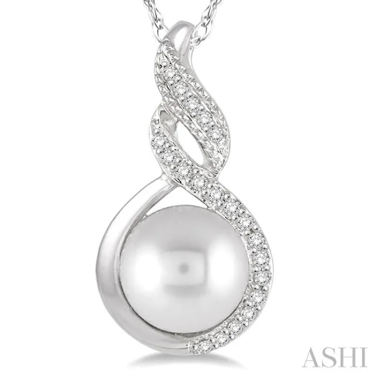 7 MM Round Shape Cultured Pearl and 1/20 ctw Round Cut Diamond Twisted Accented Pendant in 10K White Gold with chain
