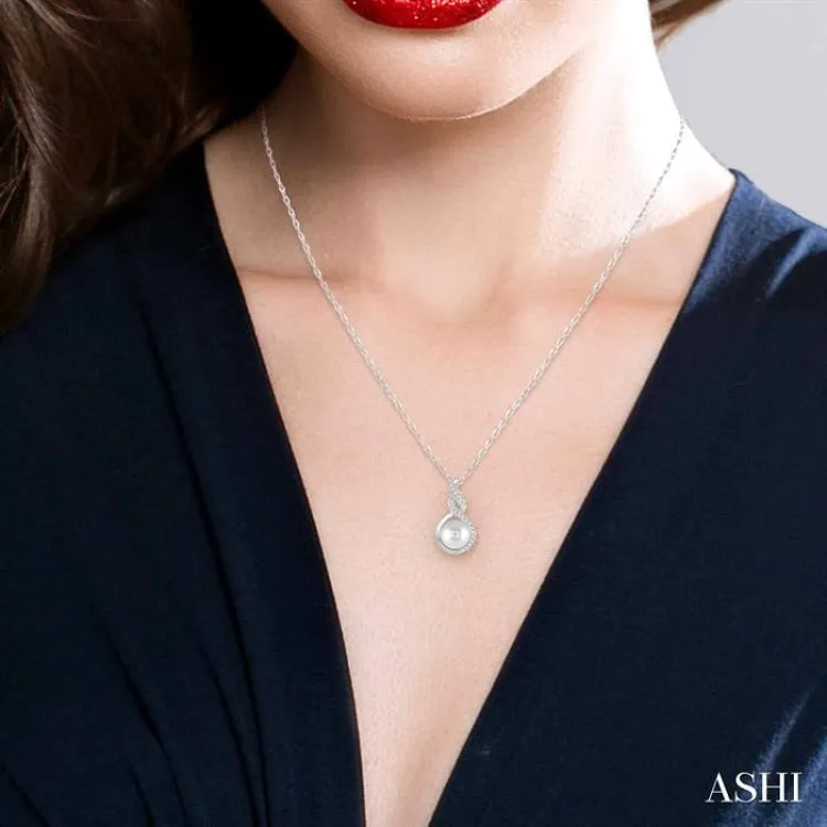 7 MM Round Shape Cultured Pearl and 1/20 ctw Round Cut Diamond Twisted Accented Pendant in 10K White Gold with chain