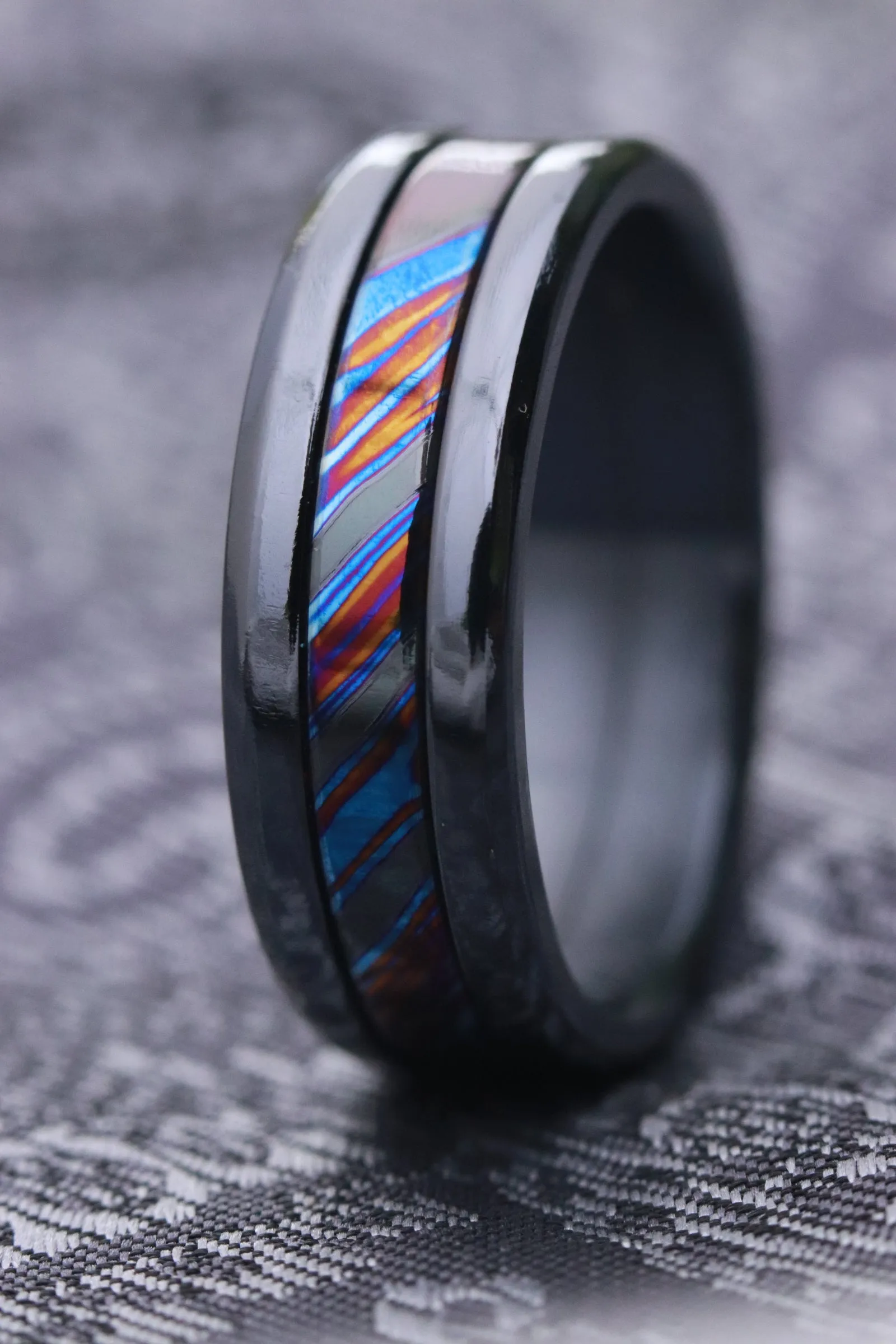 7mm Grayson BLK" Limited Edition Series titanium damascus Timascus / Mokuti timascus & black titanium ring, black timascus ring, mokuti ring