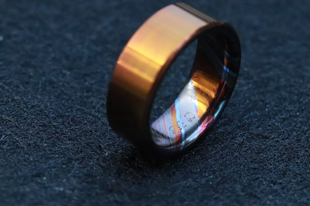 8mm brushed titanium ,Zirconium/Titanium Damascus, timascus ring, black timascus ring, mens rings weddingrings, zirconium damascus orange ring