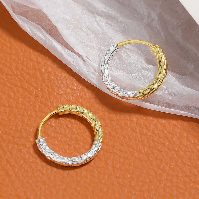 925 Silver Gold and Silver Contrast Simple Round Huggie Earring