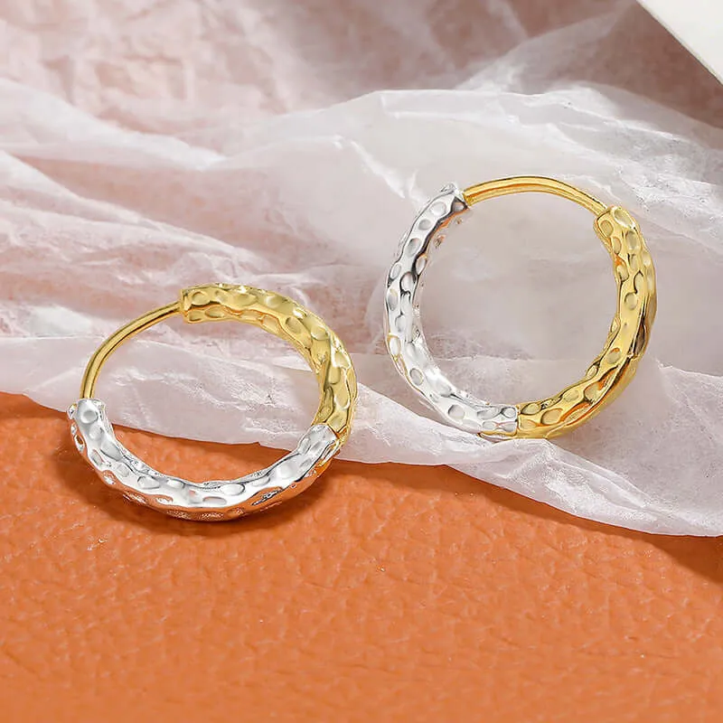 925 Silver Gold and Silver Contrast Simple Round Huggie Earring