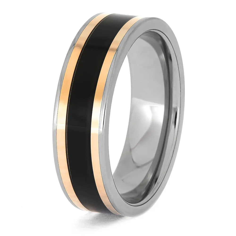 African Blackwood Wedding Band With Rose Gold Pinstripes