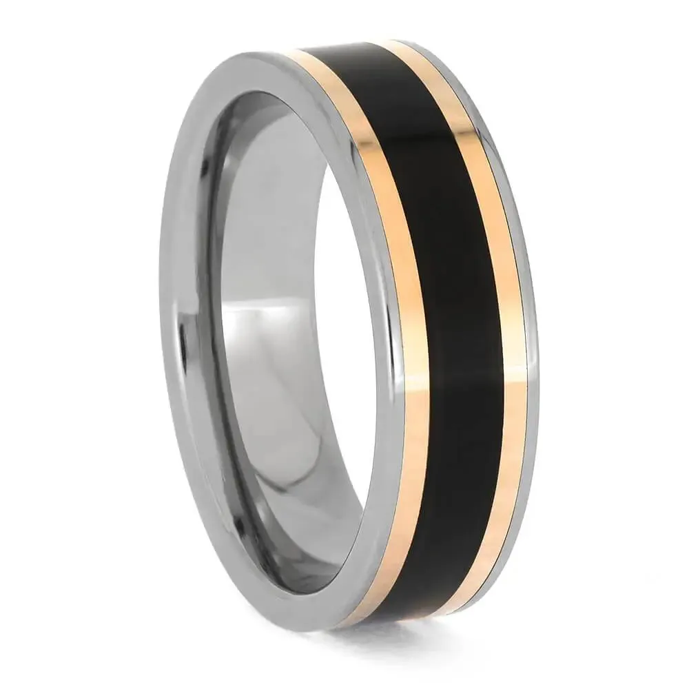 African Blackwood Wedding Band With Rose Gold Pinstripes