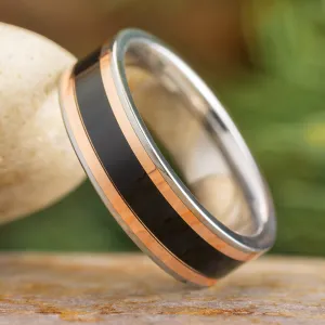 African Blackwood Wedding Band With Rose Gold Pinstripes