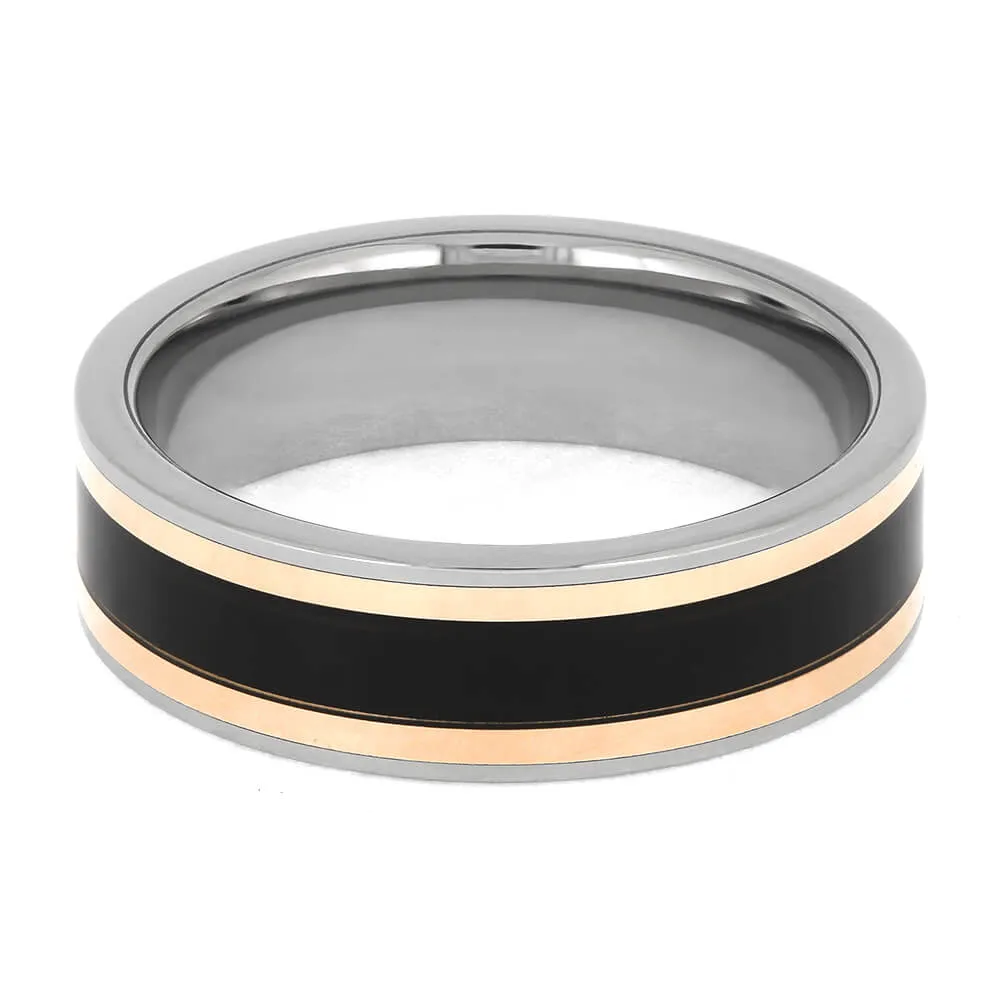 African Blackwood Wedding Band With Rose Gold Pinstripes