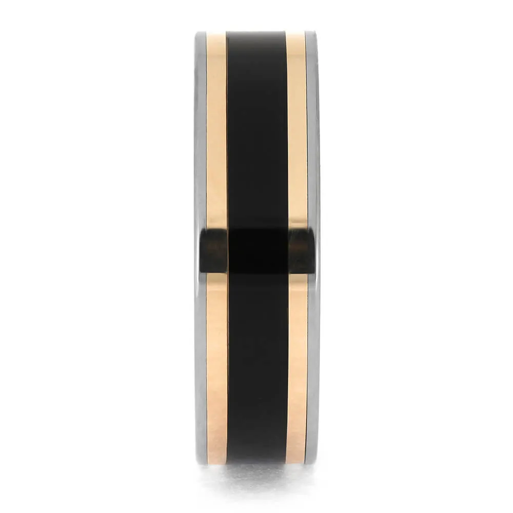 African Blackwood Wedding Band With Rose Gold Pinstripes