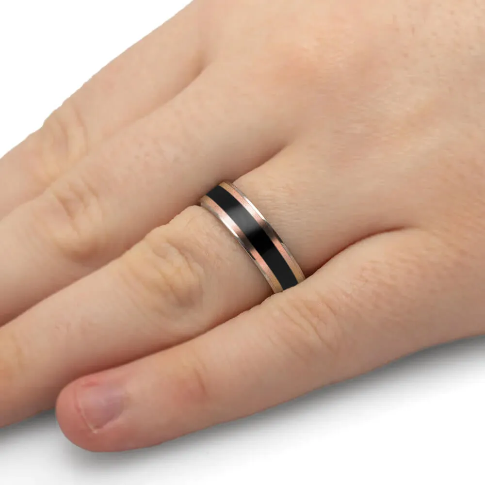 African Blackwood Wedding Band With Rose Gold Pinstripes