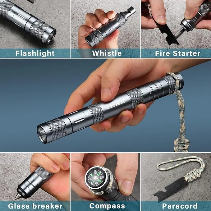 All in 1 Camping Survival Kits with LED Flashlight, Fire Starter, Whistle, Glass Breaker, Compass, Paracord, Tactical Survival Multitool, EDC, Stocking Stuffers and Gifts for Men Women