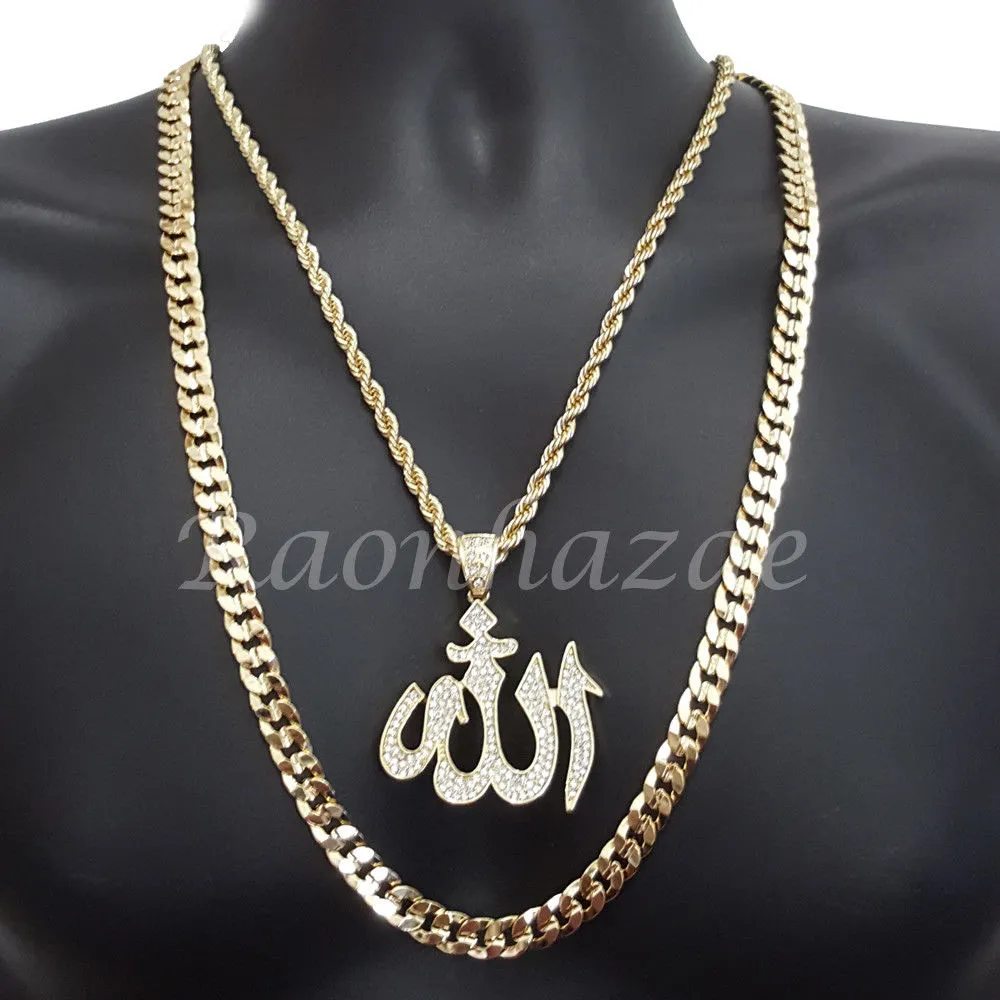 ALLAH CHARM ROPE CHAIN DIAMOND CUT 30" CUBAN CHAIN NECKLACE SET G48