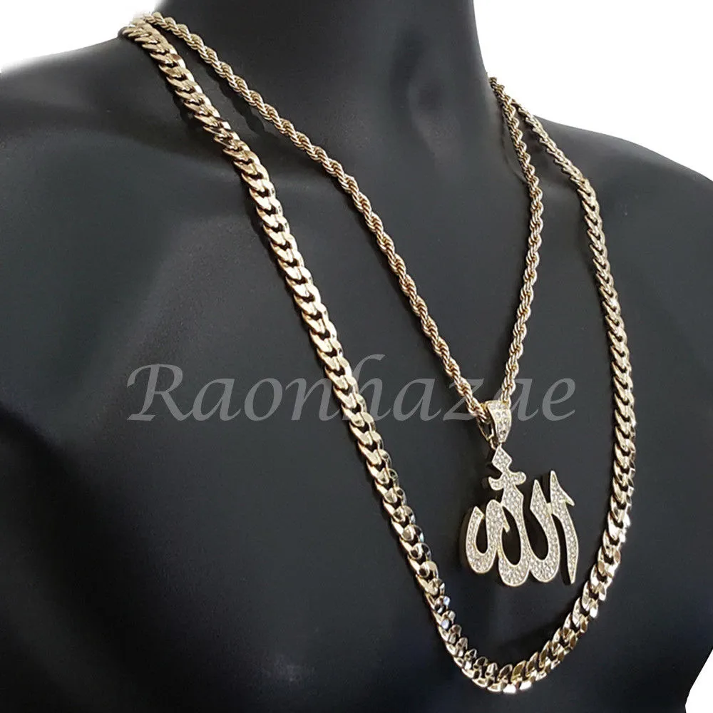 ALLAH CHARM ROPE CHAIN DIAMOND CUT 30" CUBAN CHAIN NECKLACE SET G48