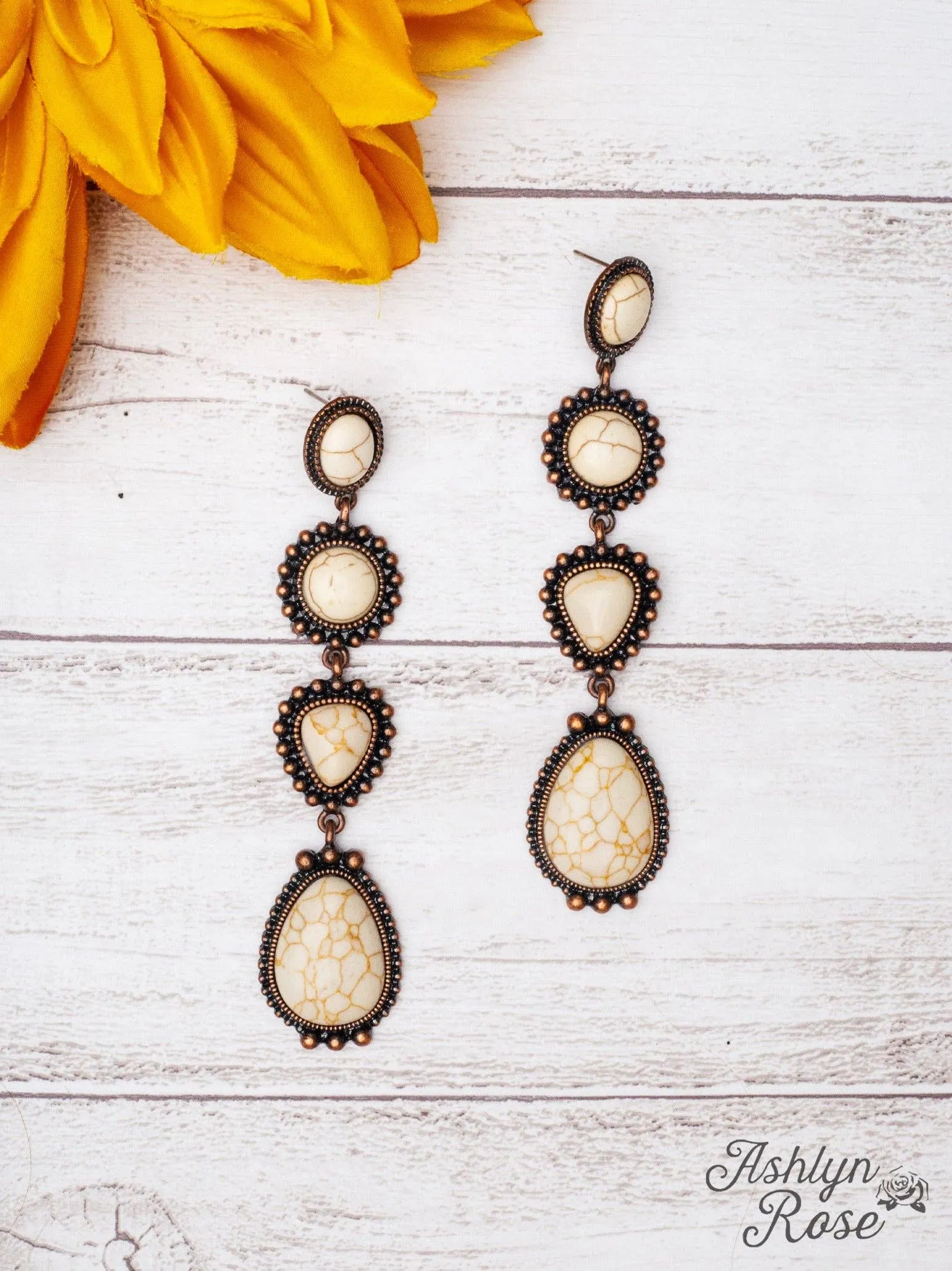 Along The Trail Cream Howlite Rock Copper Dangle Earrings: Cream / One Size