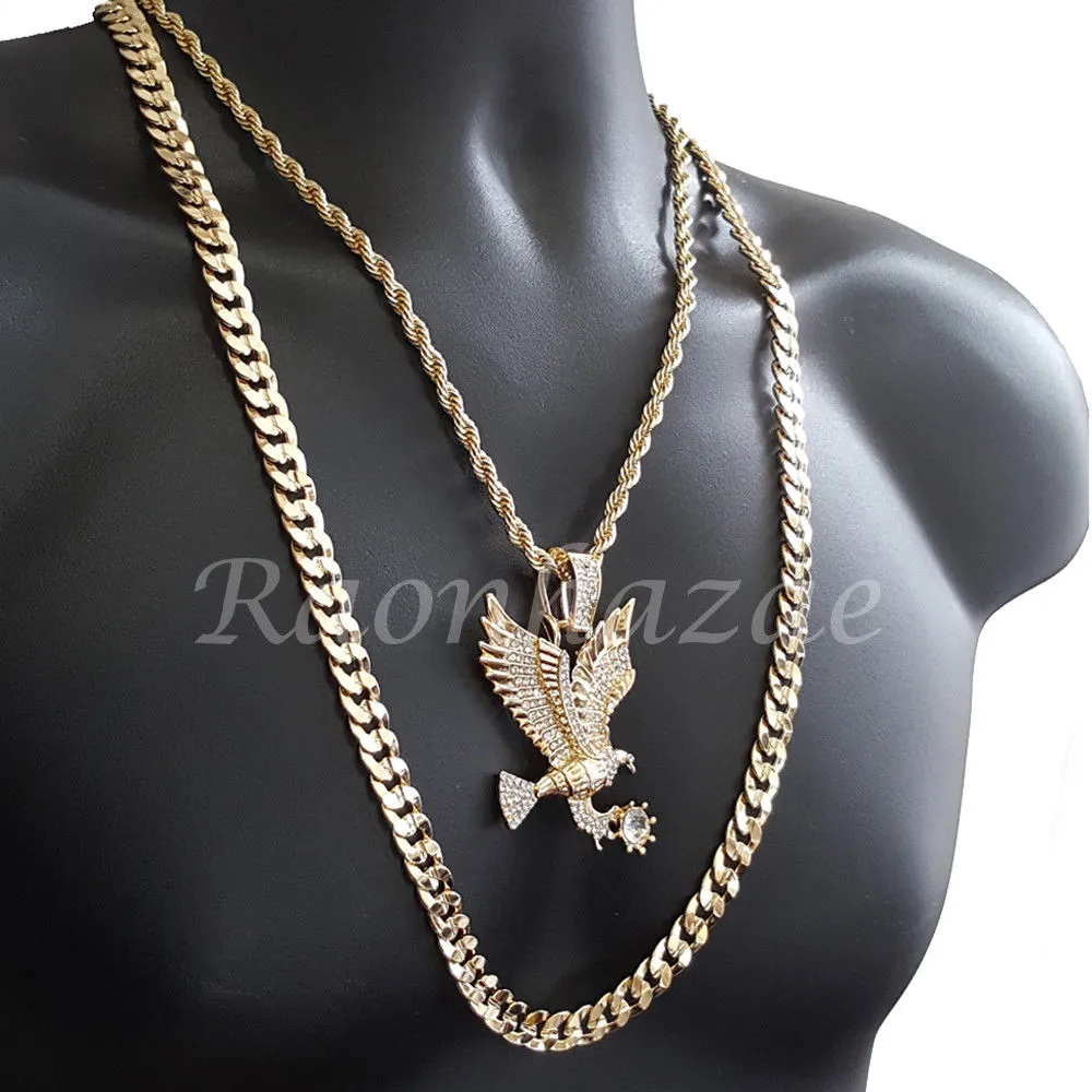 AMERICAN EAGLE ROPE CHAIN DIAMOND CUT 30" CUBAN CHAIN NECKLACE SET G37