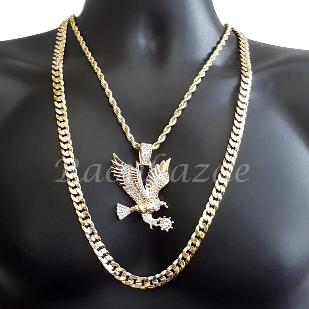 AMERICAN EAGLE ROPE CHAIN DIAMOND CUT 30" CUBAN CHAIN NECKLACE SET G37