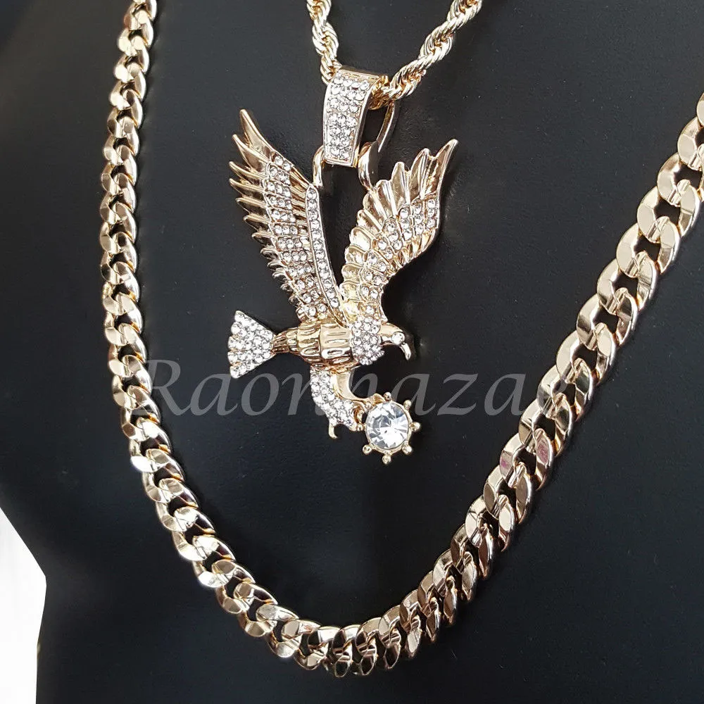 AMERICAN EAGLE ROPE CHAIN DIAMOND CUT 30" CUBAN CHAIN NECKLACE SET G37