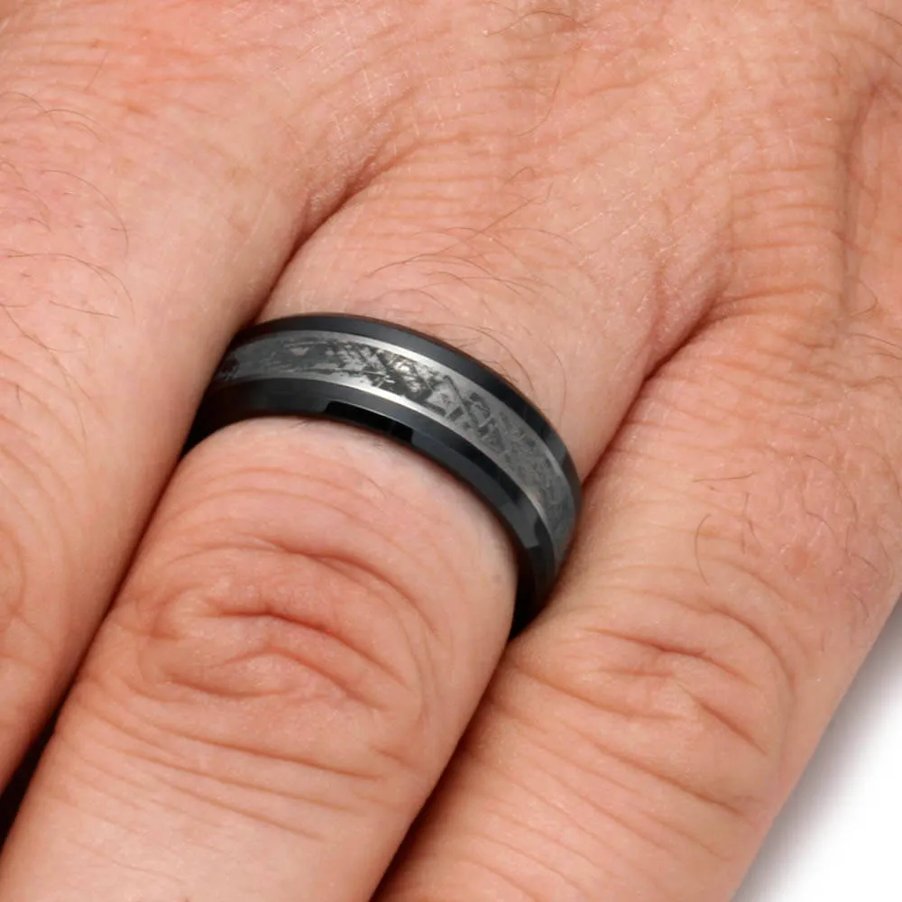 Black Ceramic Men's Ring with Meteorite Pattern