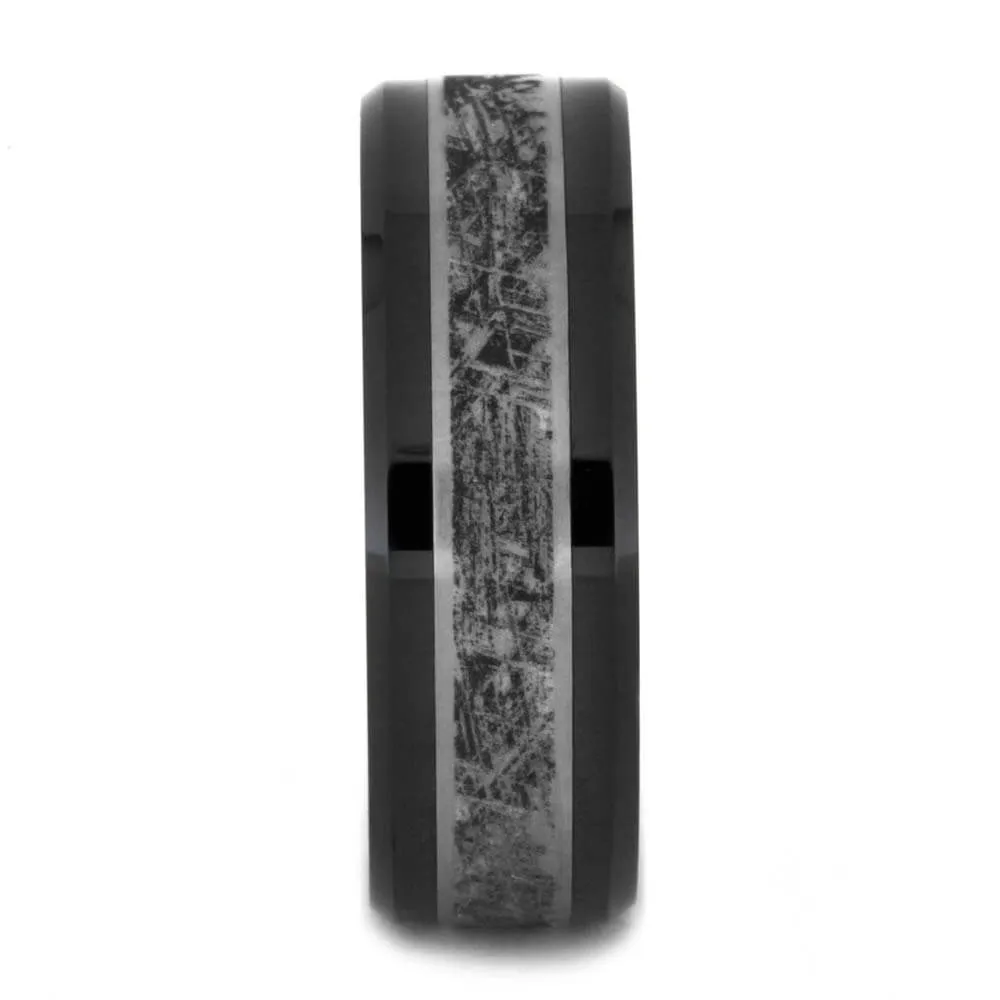 Black Ceramic Men's Ring with Meteorite Pattern