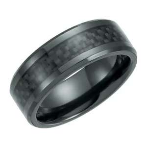 Black Titanium 8mm Beveled Band with Black Carbon Fiber Inlay , Size 12.5