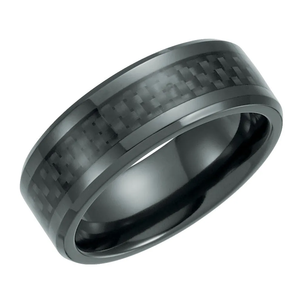 Black Titanium 8mm Beveled Band with Black Carbon Fiber Inlay , Size 8
