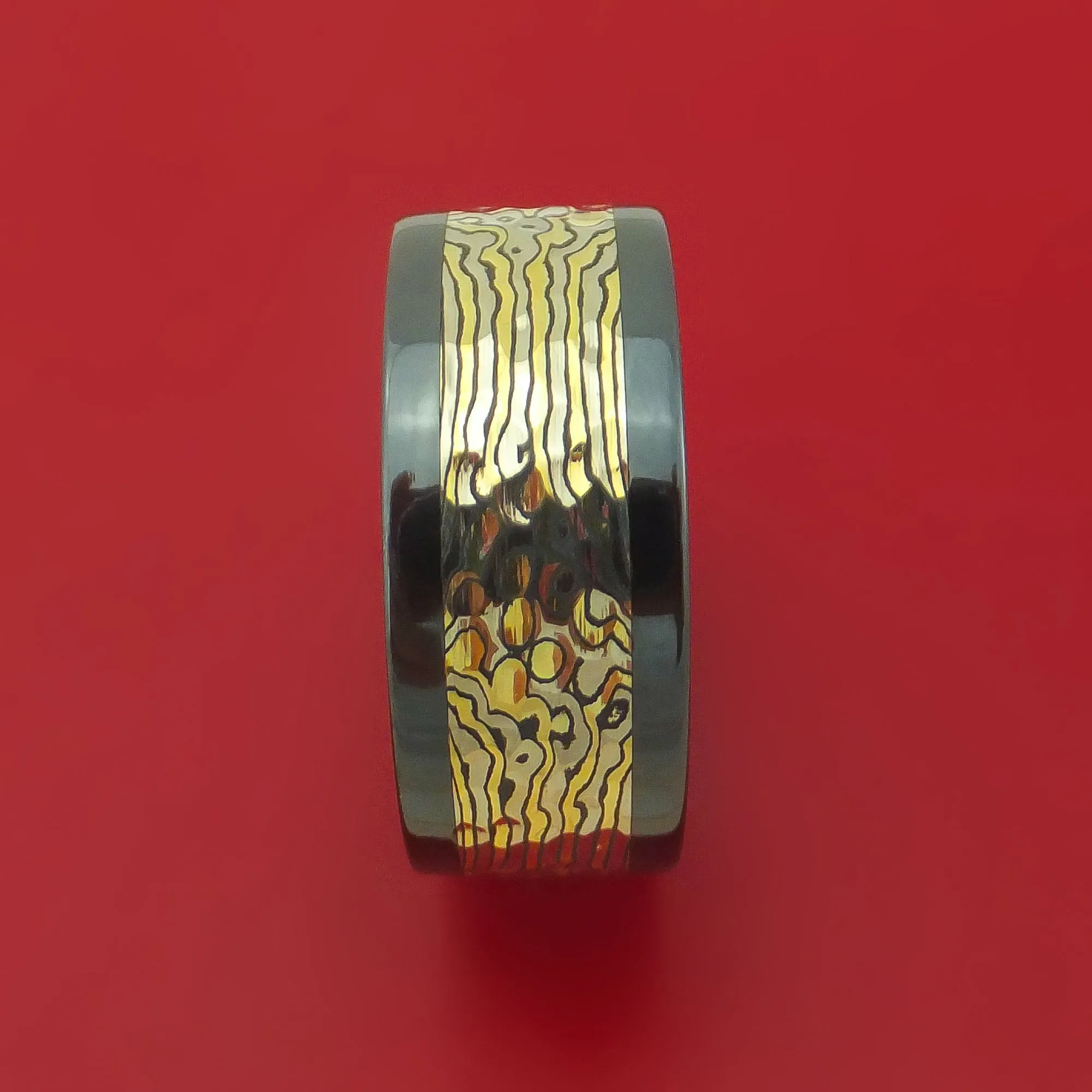 Black Zirconium and Yellow Gold Mokume Shakudo Hammered Ring Custom Made Band