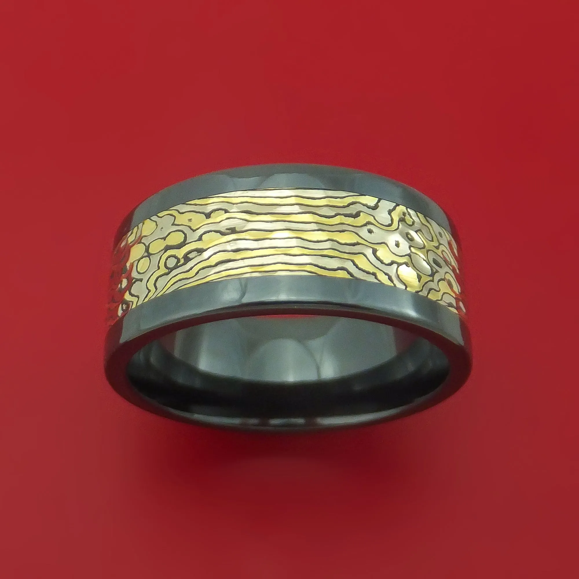 Black Zirconium and Yellow Gold Mokume Shakudo Hammered Ring Custom Made Band